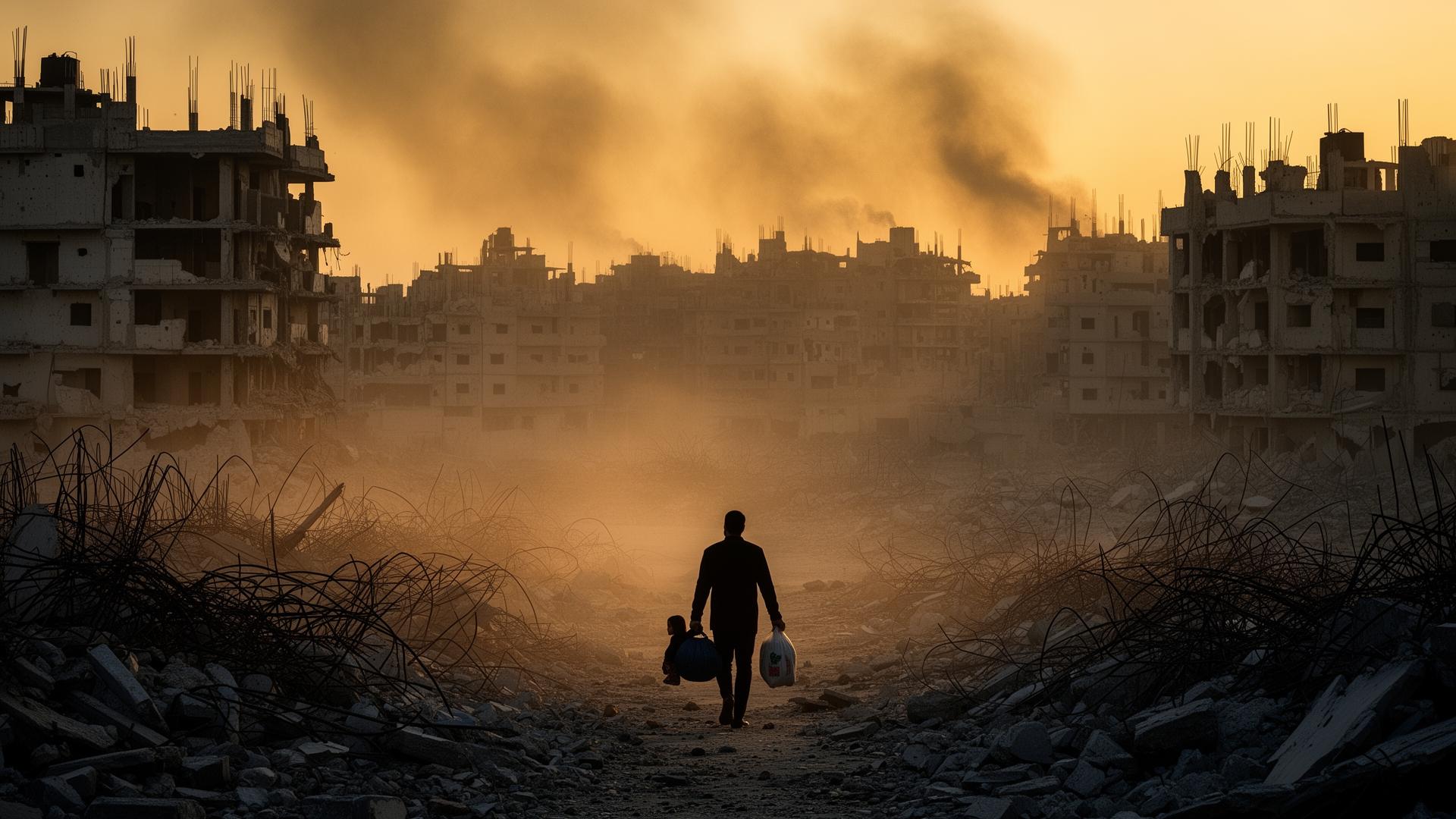 A father walking with his child through the rubble of Gaza at sunset